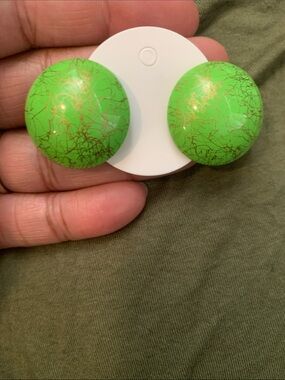 Vintage Bright Lime Green Dome Earrings with Gold Veining